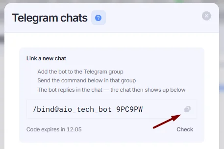 Telegram bot command copy button.