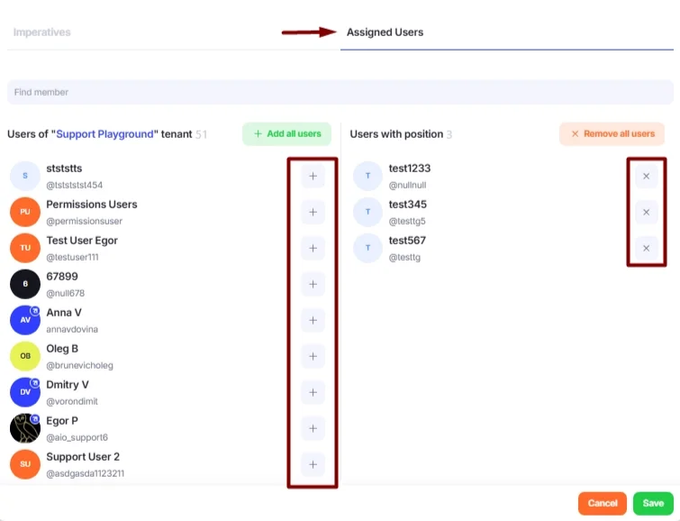Assigned Users in Create Position→Assigned Users window.