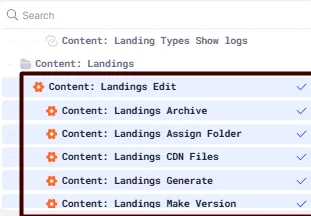 Content: Landings Edit that grants permission to perform all available actions within the Content → Landings subsection.
