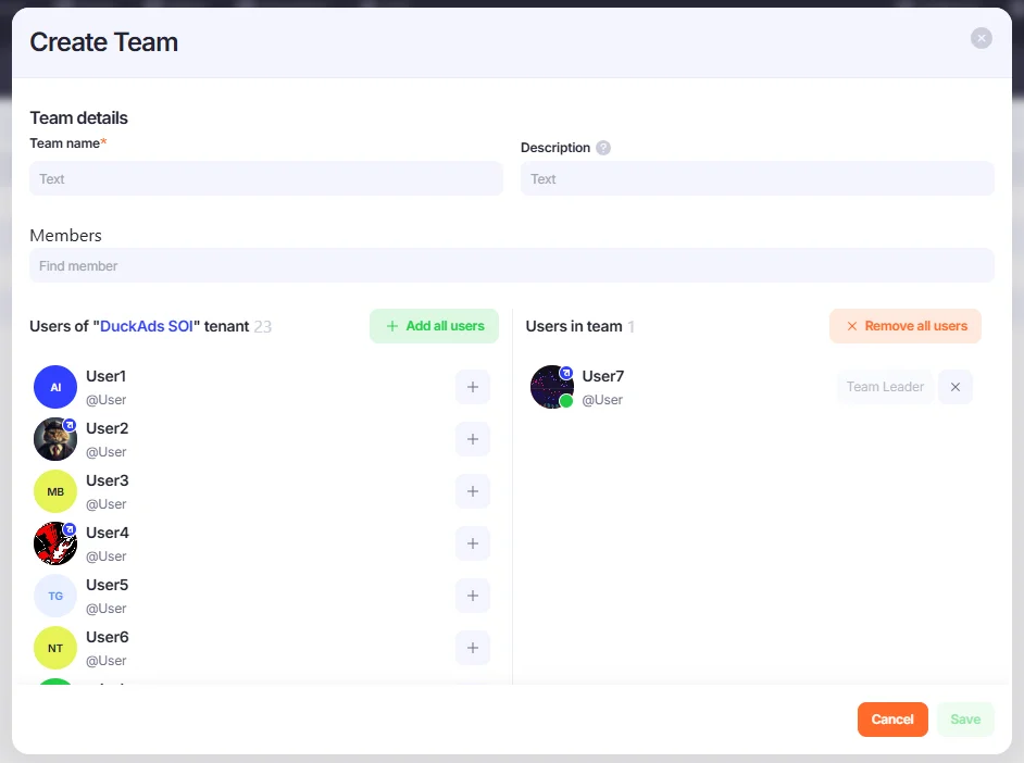 Create Team window.