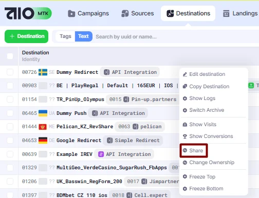 Share button in Destinations section.