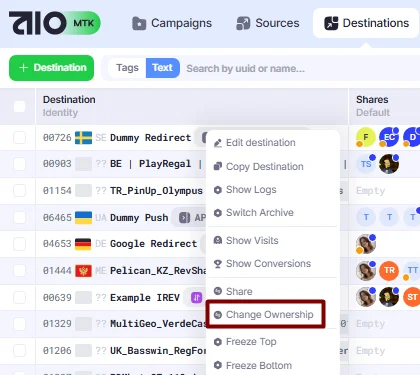 Change Ownership action in Destinations section.