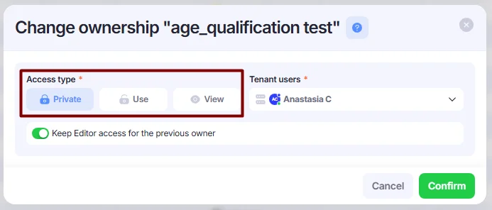 Типы доступа в окне Change ownership.