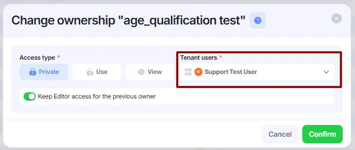 Селектор пользователя в окне Change ownership.