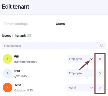 Manage Users actions in Edit Tenant window.