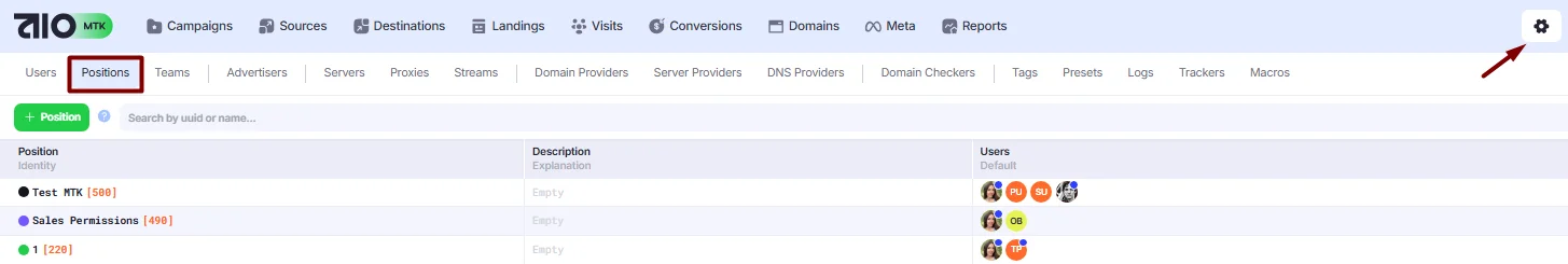 User positions in the Positions section.