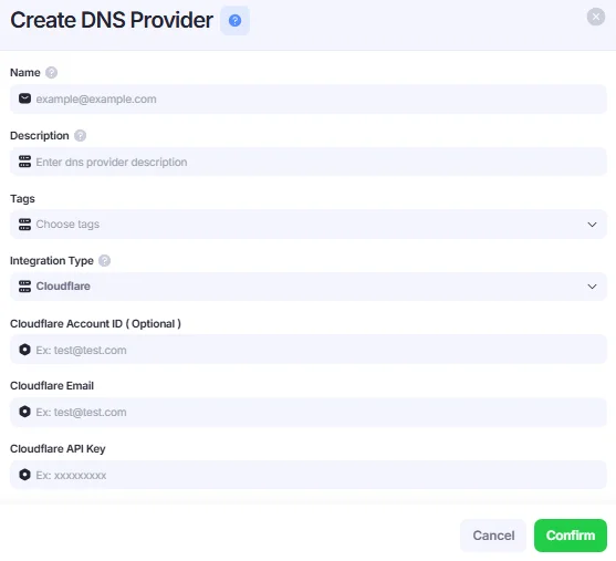 Create DNS Provider window.