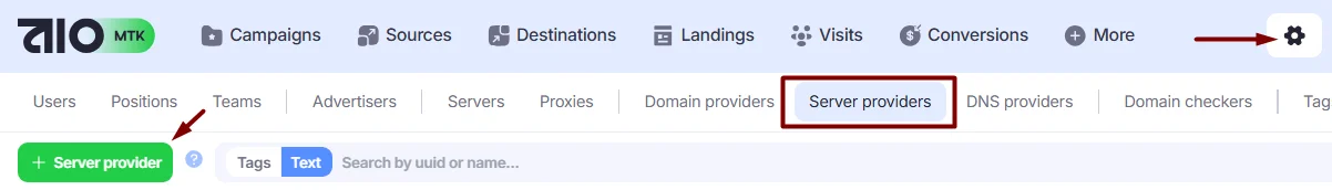 +Server Provider button.