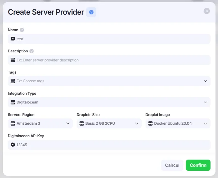 Create Server Provider window.