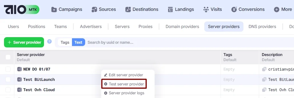 Test server provider action.
