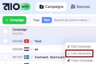 Link Generator action in Campaigns section.