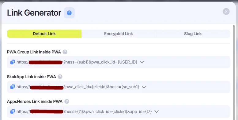 Link generator window.
