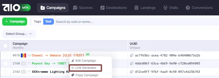 Link Generator action in Campaigns section.