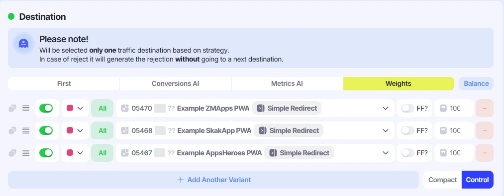 Multiple PWA Destinations in a split.