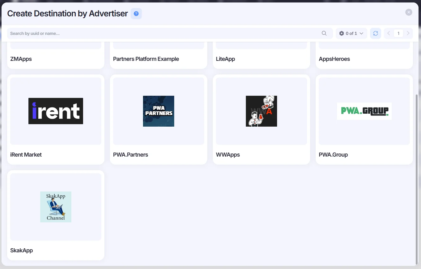 Create Destination by Advertiser window.