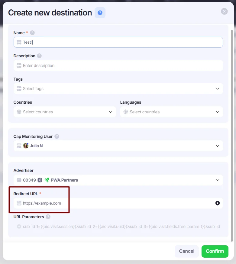 Create new destination window.