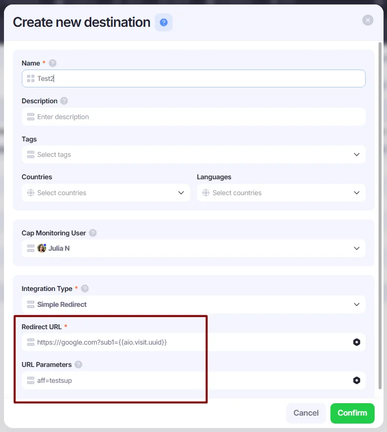 Create new destination window.