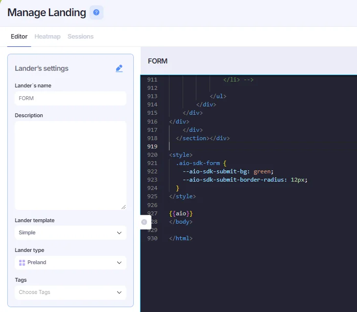 Example screenshot from Landing Editor