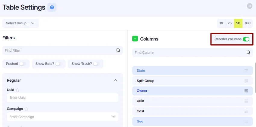 Reorder columns toggle.