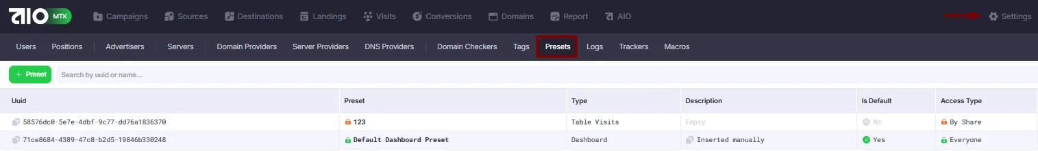 Presets section.