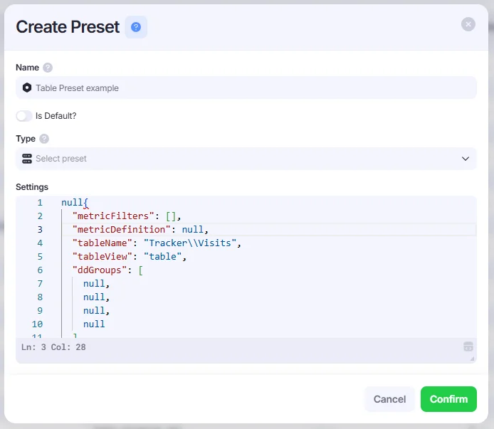 Create Preset window.