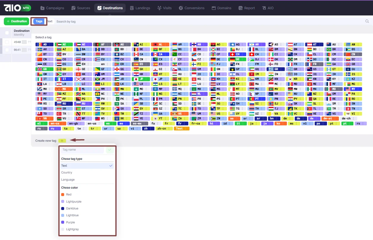 Tags menu and Create new tag drop-down menu.
