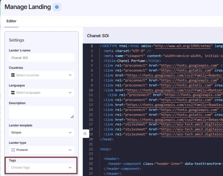 Tags menu in Manage Landing window.