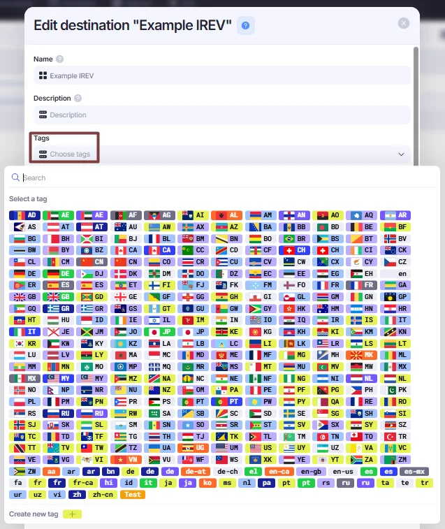 Tags menu in Edit destination window.