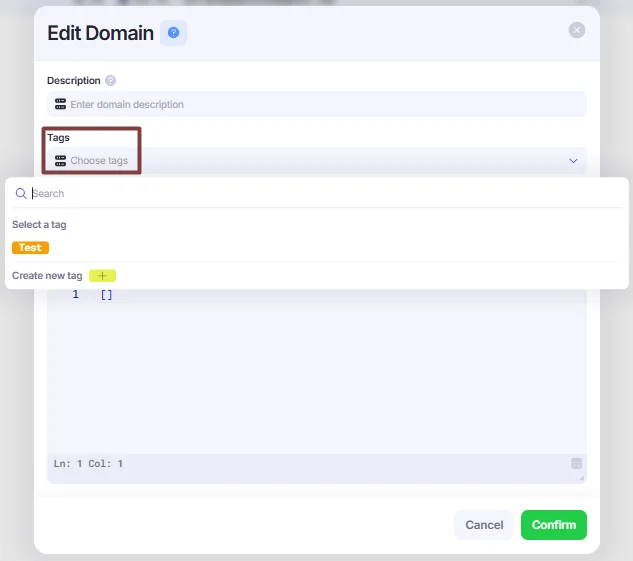 Tags menu in Edit Domain window.