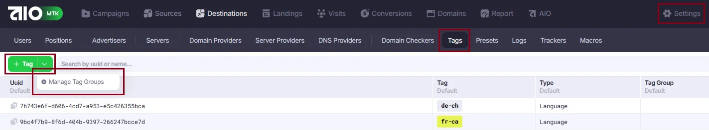 Manage Tag Groups in the Settings → Tags.