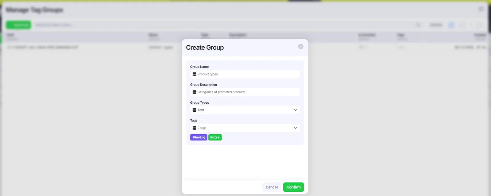 Create Group pop-up window.